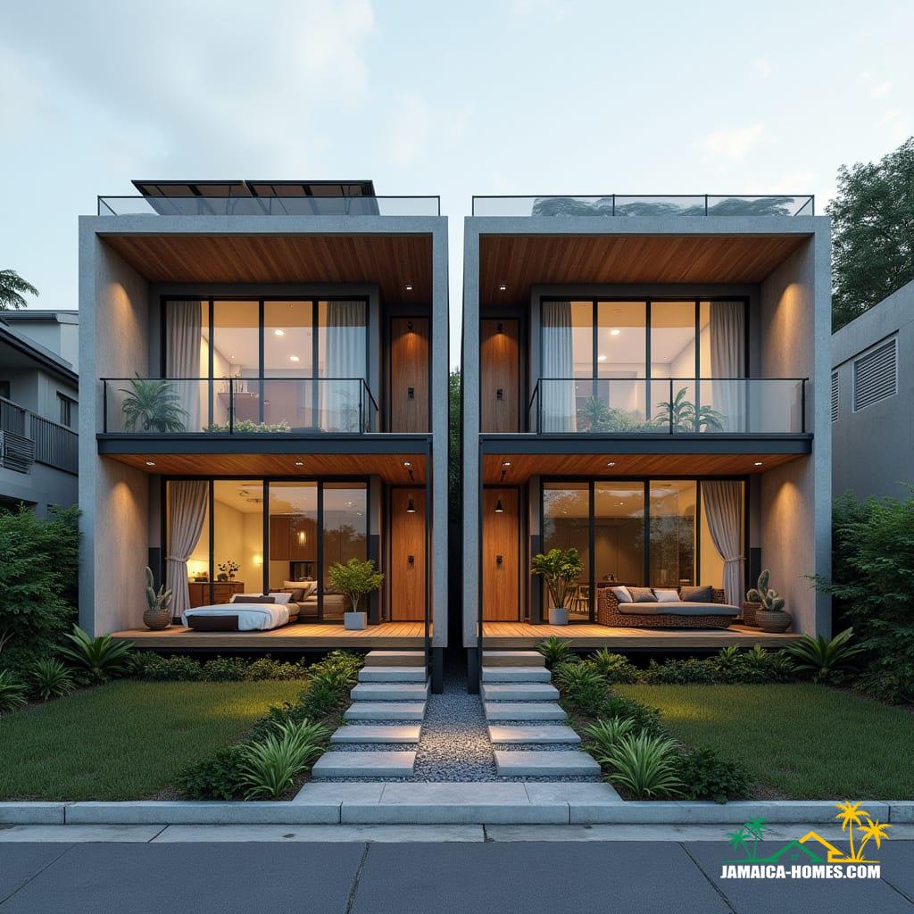 Twin Modular Urban Home
Design: Two 20-ft concrete modules side by side with shared narrow porch.
Materials: Concrete, steel, glass, timber accents.
Features: Solar panels, ventilated roof, cross-ventilation, narrow garden strip at front.
Environment: Dense city lot, neighboring buildings close by, small tropical plants in front.
Style Notes: Modern, practical, functional for small urban family or rental.