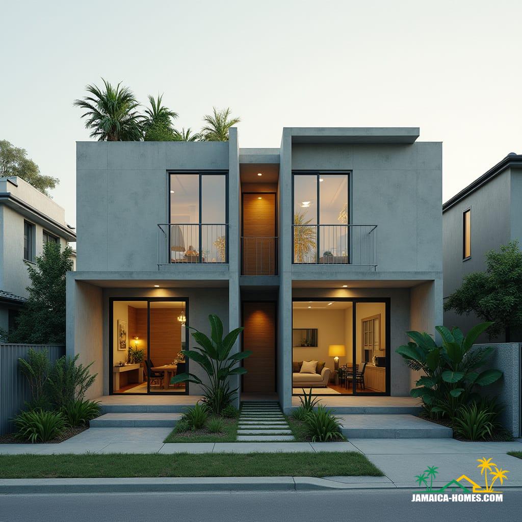 Twin Modular Urban Home
Design: Two 20-ft concrete modules side by side with shared narrow porch.
Materials: Concrete, steel, glass, timber accents.
Features: Solar panels, ventilated roof, cross-ventilation, narrow garden strip at front.
Environment: Dense city lot, neighboring buildings close by, small tropical plants in front.
Style Notes: Modern, practical, functional for small urban family or rental.