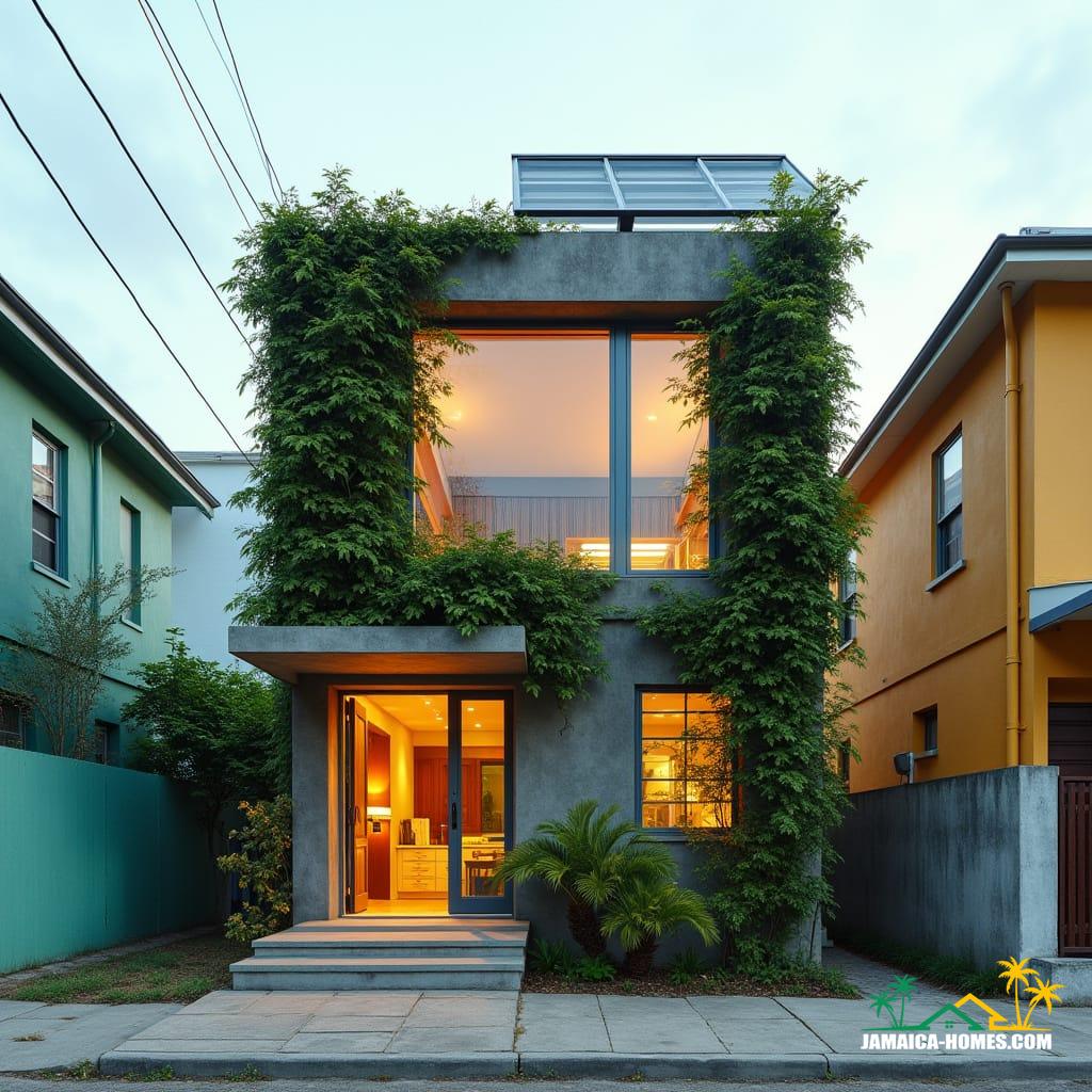 Compact urban modern home designed as a single 20-ft concrete module with an overlapping steel porch, optimized for a small suburban lot in Kingston. The facade features lush vertical gardens, and a skylight illuminates the living space. Solar panels adorn the roof, and slim horizontal windows minimize heat gain. The home is situated on a small lot between colorful neighboring houses, with a paved walkway leading to the entrance. Styled as a sleek, energy-efficient, modern urban aesthetic, presented as a cinematic film still shot on v-raptor XL with film grain, vignette, color grading, post-processing, cinematic lighting, 35mm film, live-action, best quality, atmospheric, a masterpiece, epic, stunning, dramatic.