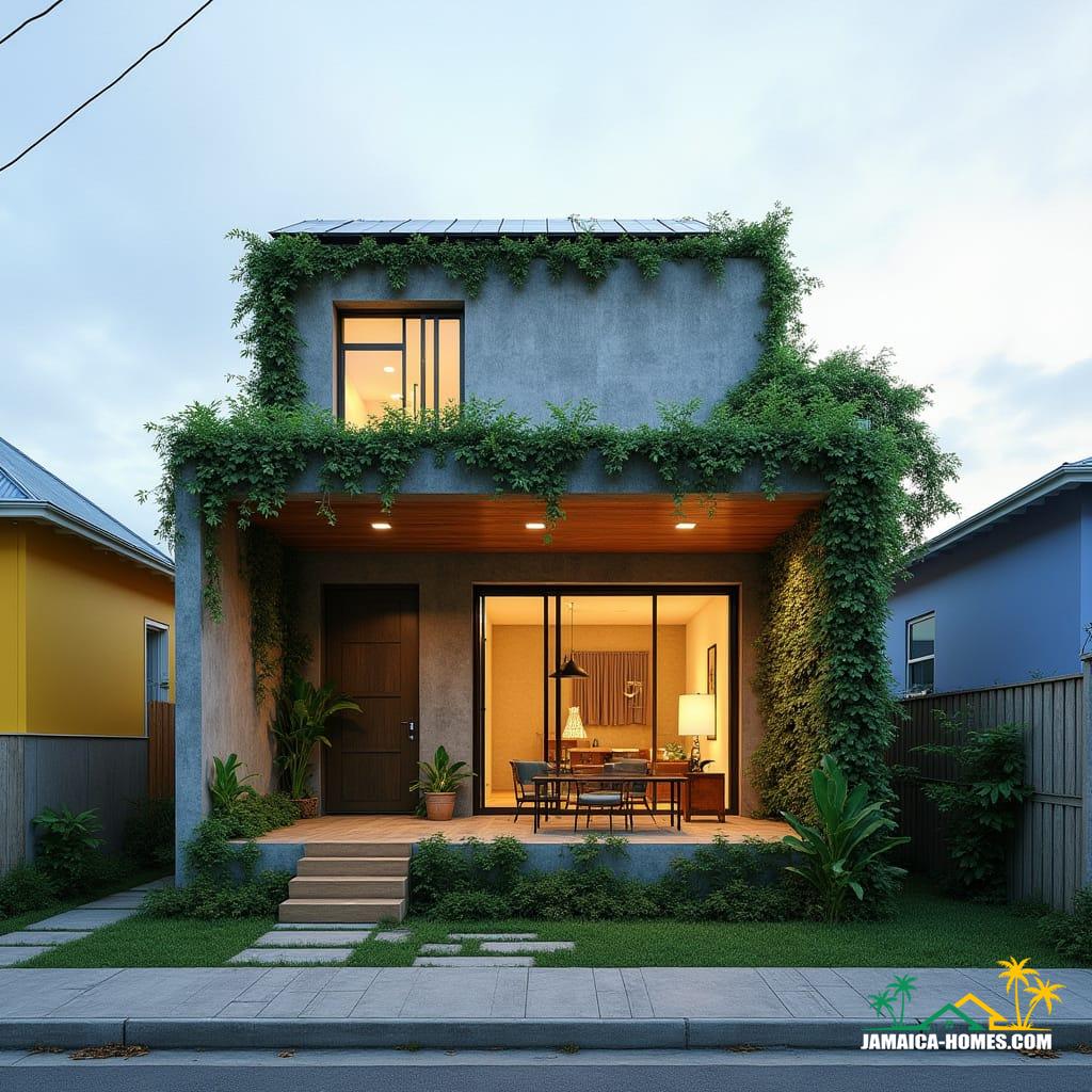 Compact urban modern home designed as a single 20-ft concrete module with an overlapping steel porch, optimized for a small suburban lot in Kingston. The facade features lush vertical gardens, and a skylight illuminates the living space. Solar panels adorn the roof, and slim horizontal windows minimize heat gain. The home is situated on a small lot between colorful neighboring houses, with a paved walkway leading to the entrance. Styled as a sleek, energy-efficient, modern urban aesthetic, presented as a cinematic film still shot on v-raptor XL with film grain, vignette, color grading, post-processing, cinematic lighting, 35mm film, live-action, best quality, atmospheric, a masterpiece, epic, stunning, dramatic.