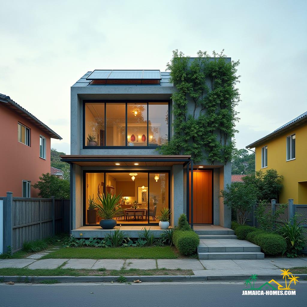 Compact urban modern home designed as a single 20-ft concrete module with an overlapping steel porch, optimized for a small suburban lot in Kingston. The facade features lush vertical gardens, and a skylight illuminates the living space. Solar panels adorn the roof, and slim horizontal windows minimize heat gain. The home is situated on a small lot between colorful neighboring houses, with a paved walkway leading to the entrance. Styled as a sleek, energy-efficient, modern urban aesthetic, presented as a cinematic film still shot on v-raptor XL with film grain, vignette, color grading, post-processing, cinematic lighting, 35mm film, live-action, best quality, atmospheric, a masterpiece, epic, stunning, dramatic.
