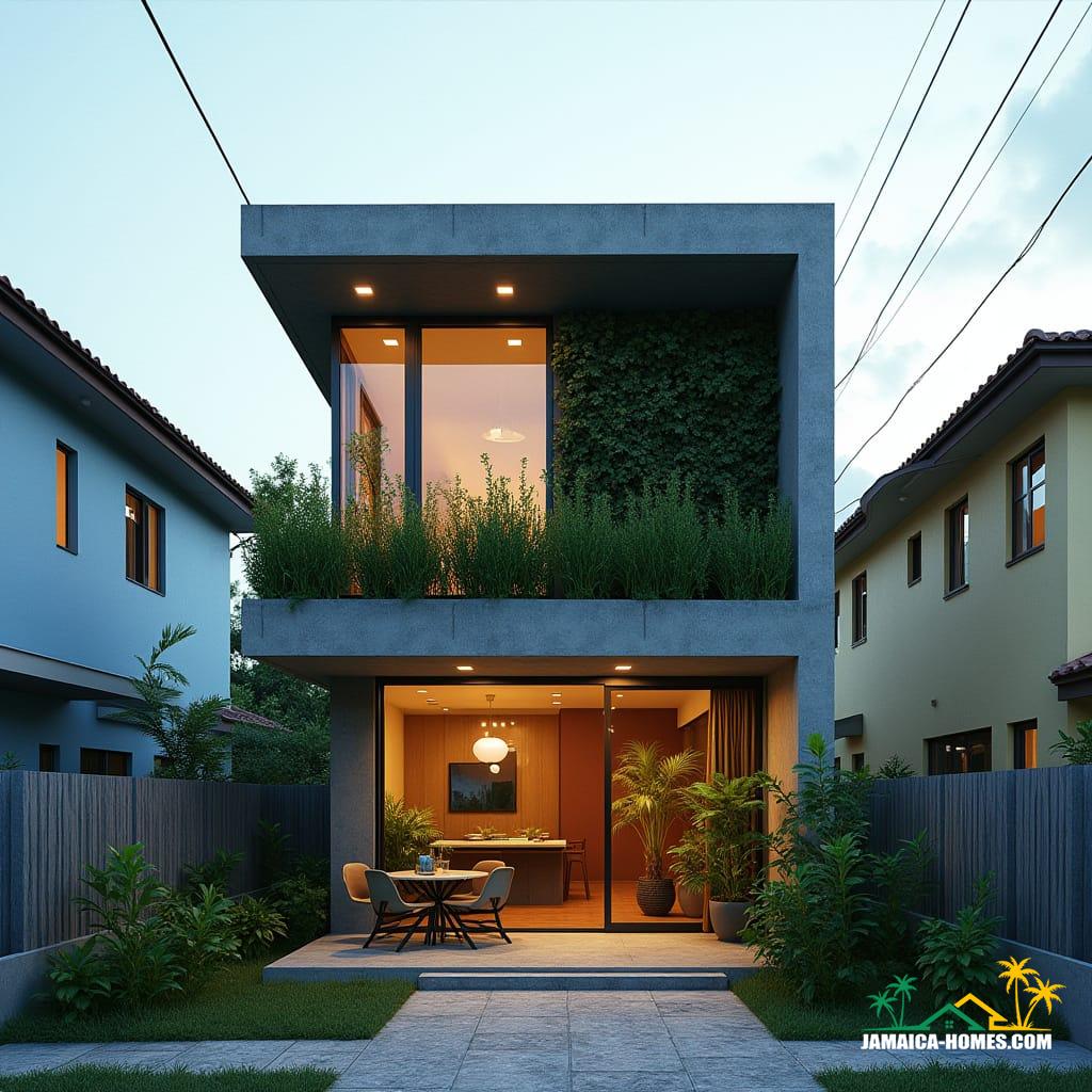 Compact urban modern home designed as a single 20-ft concrete module with an overlapping steel porch, optimized for a small suburban lot in Kingston. The facade features lush vertical gardens, and a skylight illuminates the living space. Solar panels adorn the roof, and slim horizontal windows minimize heat gain. The home is situated on a small lot between colorful neighboring houses, with a paved walkway leading to the entrance. Styled as a sleek, energy-efficient, modern urban aesthetic, presented as a cinematic film still shot on v-raptor XL with film grain, vignette, color grading, post-processing, cinematic lighting, 35mm film, live-action, best quality, atmospheric, a masterpiece, epic, stunning, dramatic.