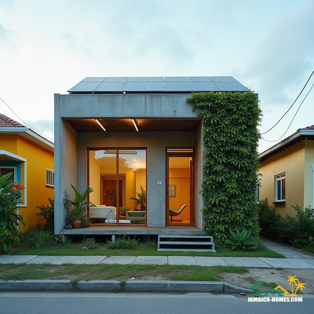 Compact urban modern home designed as a single 20-ft concrete module with an overlapping steel porch, optimized for a small suburban lot in Kingston. The facade features lush vertical gardens, and a skylight illuminates the living space. Solar panels adorn the roof, and slim horizontal windows minimize heat gain. The home is situated on a small lot between colorful neighboring houses, with a paved walkway leading to the entrance. Styled as a sleek, energy-efficient, modern urban aesthetic, presented as a cinematic film still shot on v-raptor XL with film grain, vignette, color grading, post-processing, cinematic lighting, 35mm film, live-action, best quality, atmospheric, a masterpiece, epic, stunning, dramatic.