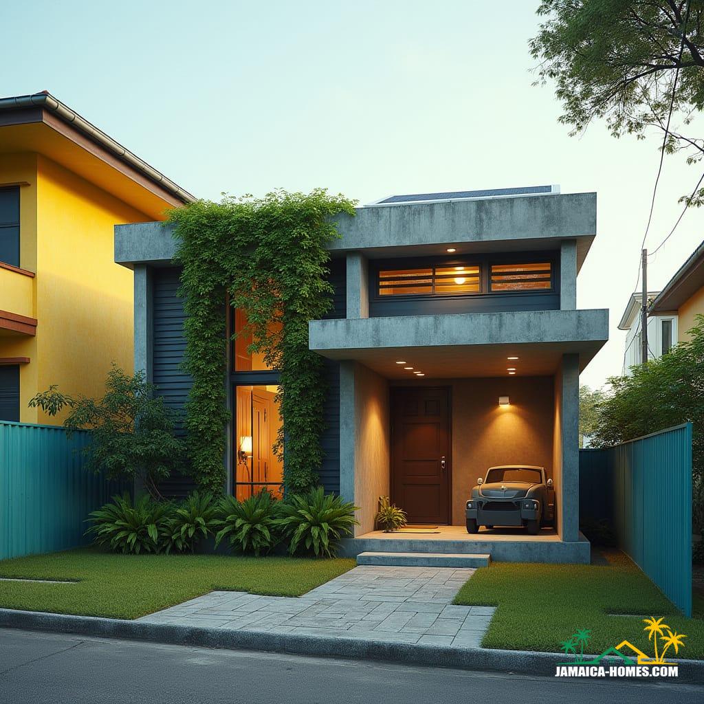 Compact urban modern home designed as a single 20-ft concrete module with an overlapping steel porch, optimized for a small suburban lot in Kingston. The facade features lush vertical gardens, and a skylight illuminates the living space. Solar panels adorn the roof, and slim horizontal windows minimize heat gain. The home is situated on a small lot between colorful neighboring houses, with a paved walkway leading to the entrance. Styled as a sleek, energy-efficient, modern urban aesthetic, presented as a cinematic film still shot on v-raptor XL with film grain, vignette, color grading, post-processing, cinematic lighting, 35mm film, live-action, best quality, atmospheric, a masterpiece, epic, stunning, dramatic.