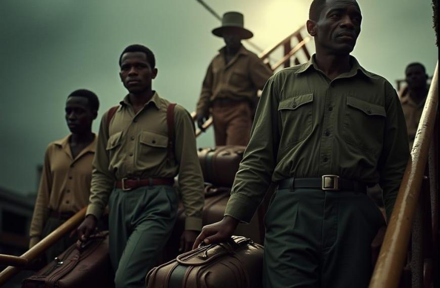 Cinematic nga pelikula gihapon: Ang mga taga-Jamaica nga misakay sa HMT Empire Windrush, usa ka barko sa tropa sa Britanya, niadtong Hunyo 22, 1948. Ang mga pasahero, nga bahin sa Windrush Generation, makita uban sa ilang mga bagahe, usa ka panagsagol sa pagpaabot ug determinasyon sa ilang mga nawong, samtang sila misaka sa gangplank. Ang talan-awon naligo sa dramatiko, atmospera nga cinematic nga suga, nga adunay maliputon nga grano sa pelikula ug usa ka vignette nga epekto, gipusil sa v-raptor XL nga adunay 35mm nga pelikula. Gigrado ang kolor ug post-processed alang sa labing maayo nga kalidad, nga naghimo sa usa ka epiko, katingad-an, ug batid nga live-action nga paghulagway.