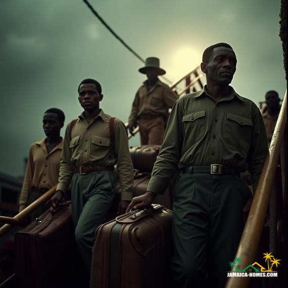 Cinematic film still: Jamaicans boarding the HMT Empire Windrush, a British troop ship, on June 22, 1948. Passengers, part of the Windrush Generation, are seen with their luggage, a mix of anticipation and determination on their faces, as they ascend the gangplank. The scene is bathed in dramatic, atmospheric cinematic lighting, with subtle film grain and a vignette effect, shot on v-raptor XL with 35mm film. Color graded and post-processed for best quality, creating an epic, stunning, and masterful live-action portrayal.