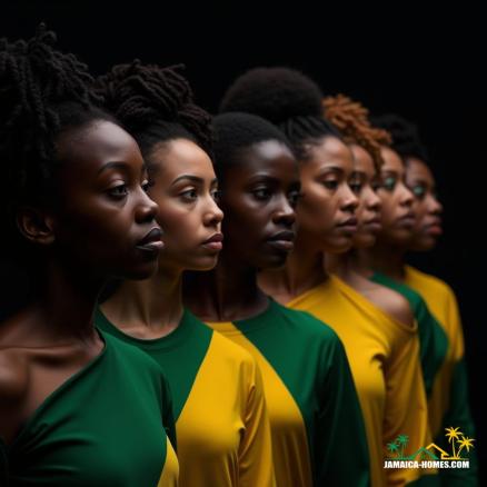 Close-up of a row of modern-day Jamaican women of diverse backgrounds — White — standing shoulder to shoulder, wearing the Jamaican flag as clothing, some with dreadlocks, some with braided or natural hairstyles, striking a proud and confident expression. Black background with cinematic lighting highlighting highly detailed faces and textures. Realistic and vibrant colors, powerful composition. Cinematic film still, shot on v-raptor XL, film grain, vignette, color graded, post-processed, 35mm film, live-action, best quality, atmospheric, a masterpiece, epic, stunning, dramatic.