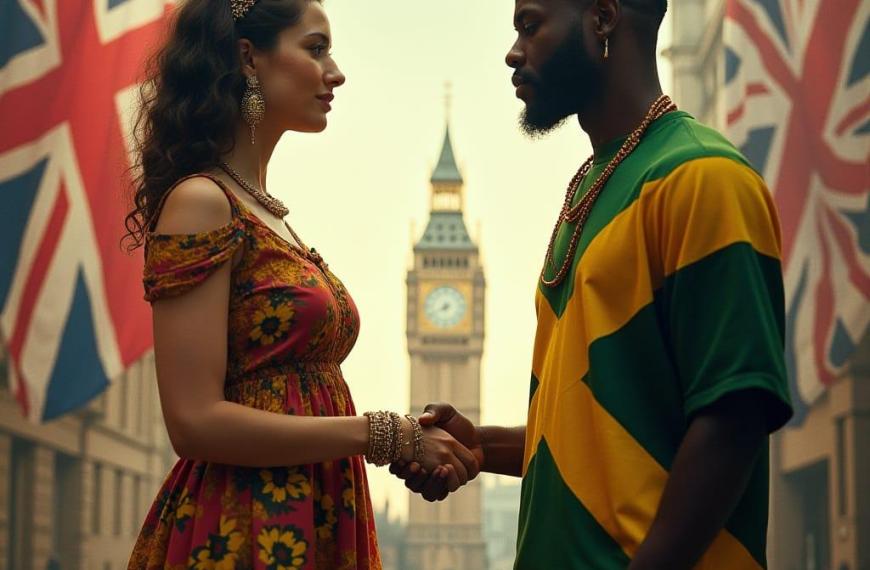 Usa ka detalyado kaayo, realistiko, taas nga resolusyon nga cinematic nga pelikula gihapon, gipusil sa v-raptor XL, nga nagpakita sa usa ka matahum nga puti nga babaye nga nagrepresentar sa United Kingdom ug usa ka matahum nga itom nga lalaki nga nagrepresentar sa Jamaica nga naglamano sa mga kamot sa atubangan, nagsul-ob sa dinasig sa kultura nga modernong sinina. Sa luyo nila, ang mga bandila sa UK ug Jamaica nag-agay, natural nga nagsagol. Ang background nagporma usa ka makasaysayan nga montage: Ang kilid sa UK adunay Big Ben, Tower Bridge, English countryside, Queen Victoria, Winston Churchill, ug mga imahen sa kultura. Ang bahin sa Jamaica naglakip sa mga tropikal nga baybayon, Blue Mountains, mga tubo sa tubo, mga pinuy-anan sa Maroon, Nanny of the Maroons, Marcus Garvey, ug mga lider sa kultura, nga makita nga nag-compress sa mga siglo. Ang init, natural nga cinematic nga suga nagpasiugda sa kolaborasyon ug panaghiusa. Grain sa pelikula, vignette, color graded, post-processed, 35mm nga pelikula, live-action, labing maayo nga kalidad, atmospera, usa ka obra maestra, epiko, makabungog, dramatiko.