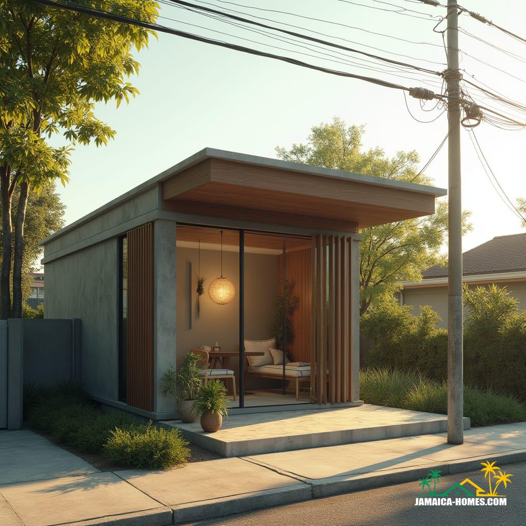 Kingston Minimalist Micro Home
Design: Single 20-ft module with front timber pergola and small patio.
Materials: Concrete, steel, glass, timber for outdoor area.
Features: Rainwater harvesting, solar panels, thin vertical windows, ventilated roof.
Environment: Small urban lot, paved streets, tropical sunlight.
Style Notes: Compact, ultra-modern, sustainable, cozy but stylish.
