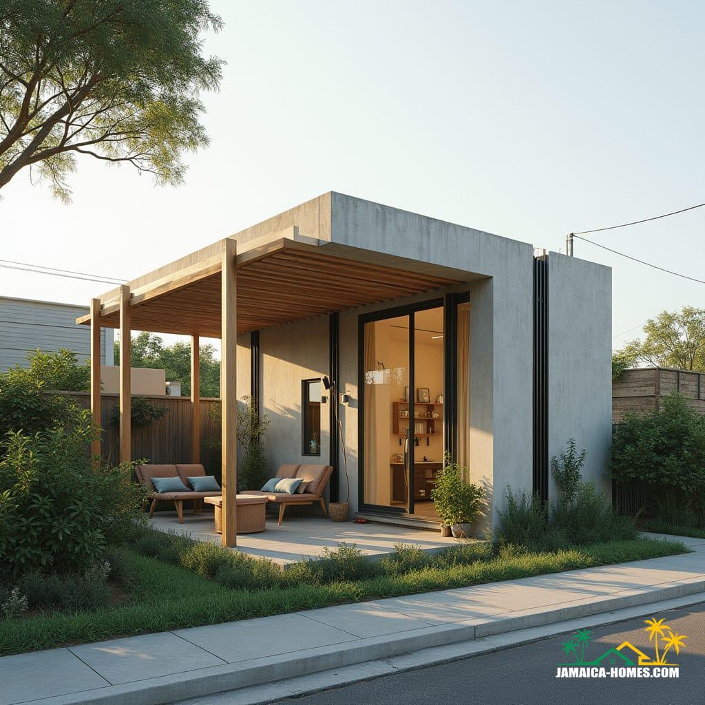 Kingston Minimalist Micro Home
Design: Single 20-ft module with front timber pergola and small patio.
Materials: Concrete, steel, glass, timber for outdoor area.
Features: Rainwater harvesting, solar panels, thin vertical windows, ventilated roof.
Environment: Small urban lot, paved streets, tropical sunlight.
Style Notes: Compact, ultra-modern, sustainable, cozy but stylish.