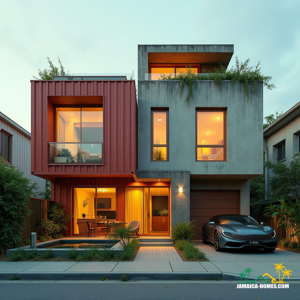 A creative Jamaican townhouse in Kingston made from stacked shipping containers and concrete blocks, bold geometric forms, large square windows, and flat roof with rooftop spa. Industrial chic detailing, rooftop garden.