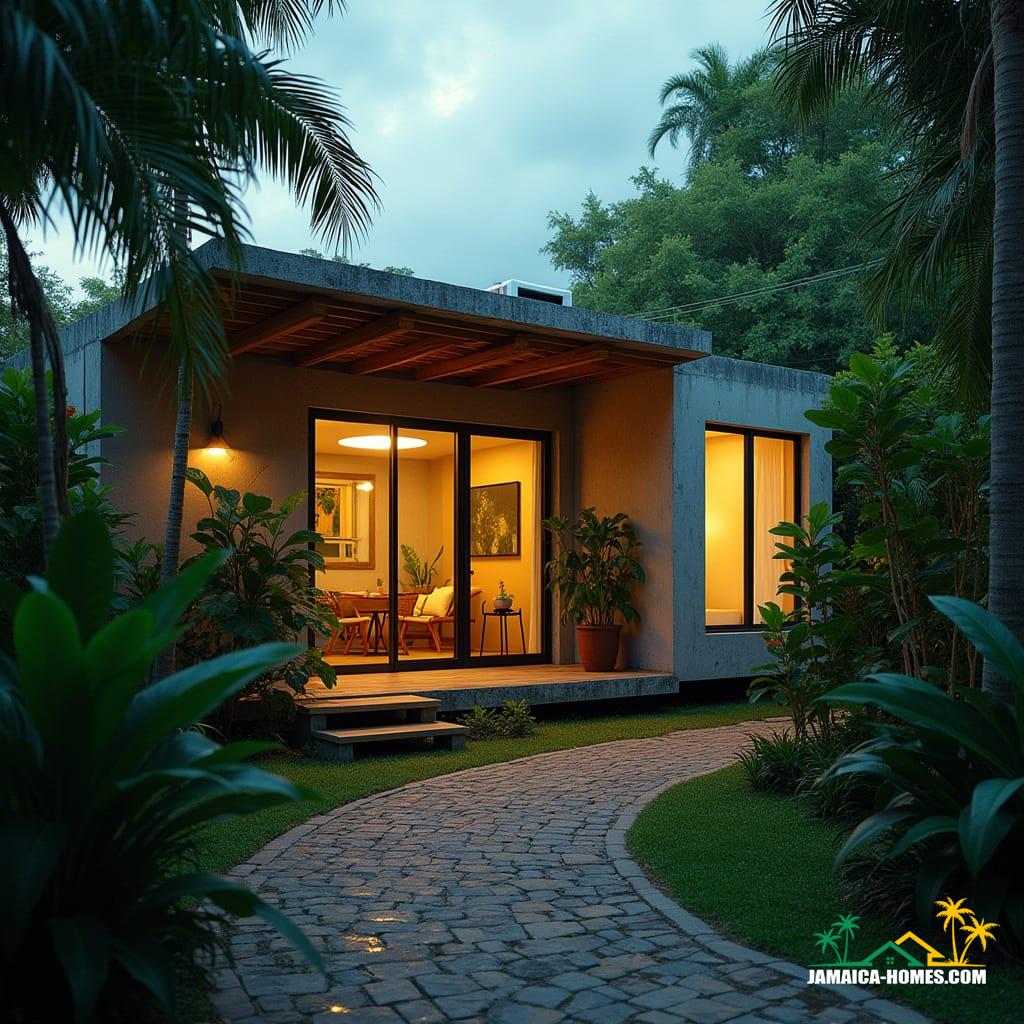 Cinematic film still of a Spanish Town courtyard mini home, designed with two 20-ft modules forming an intimate, green-focused courtyard featuring lush tropical plants and a timber pergola for light and airiness. Constructed from concrete, steel, and glass sliding doors, the home boasts a ventilated roof, integrated solar panels, and a rainwater collection system. Narrow vertical windows punctuate the structure. The setting is a small paved street in Spanish Town under atmospheric, dramatic cinematic lighting. Shot on v-raptor XL, 35mm film, with film grain, vignette, and color grading for a post-processed masterpiece.