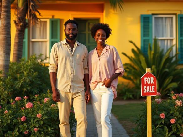 A close-up, cinematic portrait-style scene in Jamaica at golden hour. A beautiful Jamaican couple stands proudly in front of their freshly painted home, framed by vibrant tropical flowers and a lush mango tree. The man rests a hand confidently on a “For Sale” sign, while the woman holds a set of house keys, smiling with pride and hope. Their clothing is stylish yet relaxed, reflecting Jamaican culture—linen, bold colors, natural textures. Behind them, the Caribbean Sea glows in the distance, with warm sunlight casting a golden halo around them.