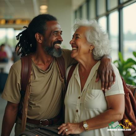 Couple arriving in Jamaica, capturing the joy and emotion of coming home.