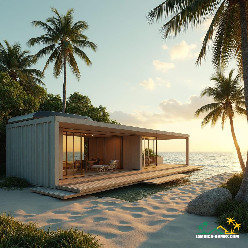 Cinematic film still of a modern, minimalist, functional, and sustainable coastal home inspired by shipping containers. Two 24-ft reinforced concrete modules form an L-shape, connected by an open porch with wooden decking. Floor-to-ceiling thin glass panels on the seaward side overlook a sandy beach with lush palm trees, bathed in golden Caribbean sunlight and a light breeze. The flat roof features solar panels and a rainwater harvesting tank, promoting cross-ventilation. Shot on v-raptor XL, with film grain, vignette, color grading, post-processing, cinematic lighting, 35mm film, live-action, best quality, atmospheric, a masterpiece, epic, stunning, dramatic.