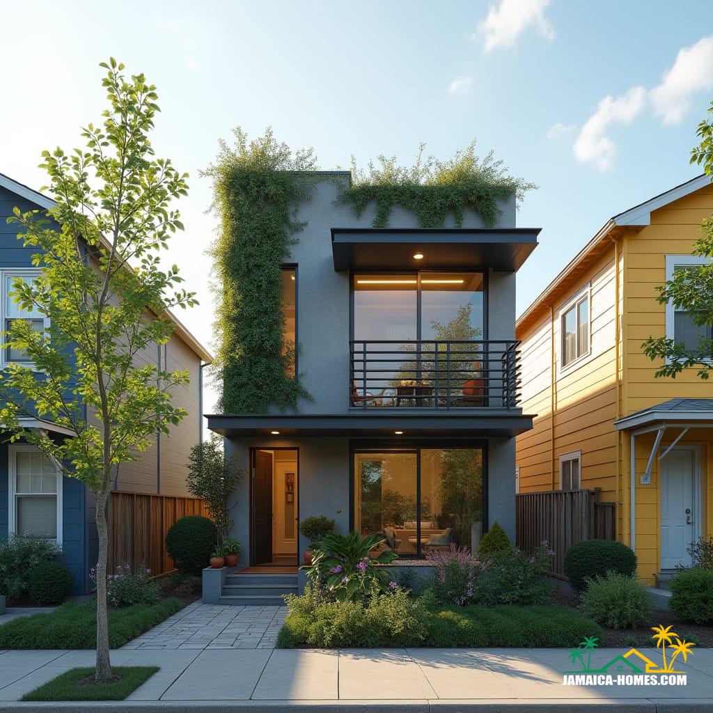 Compact urban modern home designed as a single 20-ft concrete module with an overlapping steel porch, optimized for a small suburban lot in Kingston. The facade features lush vertical gardens, and a skylight illuminates the living space. Solar panels adorn the roof, and slim horizontal windows minimize heat gain. The home is situated on a small lot between colorful neighboring houses, with a paved walkway leading to the entrance. Styled as a sleek, energy-efficient, modern urban aesthetic, presented as a cinematic film still shot on v-raptor XL with film grain, vignette, color grading, post-processing, cinematic lighting, 35mm film, live-action, best quality, atmospheric, a masterpiece, epic, stunning, dramatic.