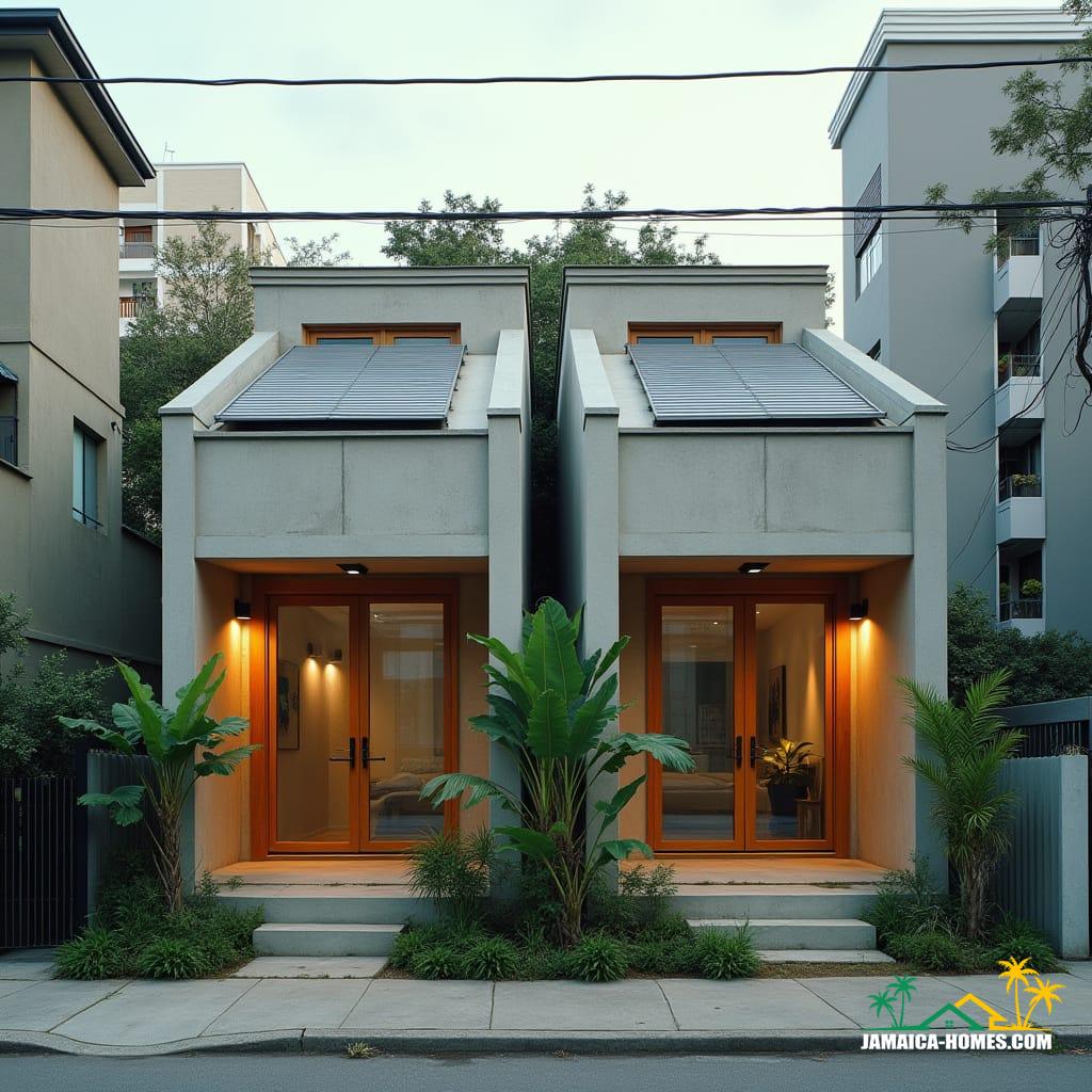 Twin Modular Urban Home
Design: Two 20-ft concrete modules side by side with shared narrow porch.
Materials: Concrete, steel, glass, timber accents.
Features: Solar panels, ventilated roof, cross-ventilation, narrow garden strip at front.
Environment: Dense city lot, neighboring buildings close by, small tropical plants in front.
Style Notes: Modern, practical, functional for small urban family or rental.