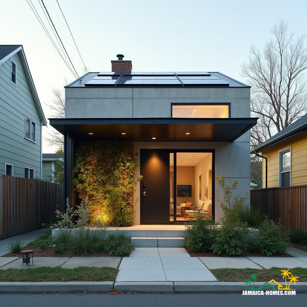 Compact Urban Modern Home Design: Single 20-ft concrete module with overlapping steel porch, urban small-lot optimized. Materials: Concrete, steel, glass, wood accents.