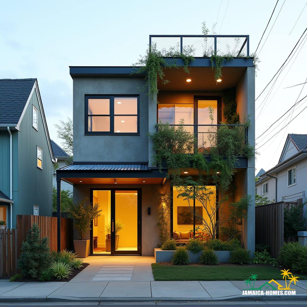 Compact urban modern home designed as a single 20-ft concrete module with an overlapping steel porch, optimized for a small suburban lot in Kingston. The facade features lush vertical gardens, and a skylight illuminates the living space. Solar panels adorn the roof, and slim horizontal windows minimize heat gain. The home is situated on a small lot between colorful neighboring houses, with a paved walkway leading to the entrance. Styled as a sleek, energy-efficient, modern urban aesthetic, presented as a cinematic film still shot on v-raptor XL with film grain, vignette, color grading, post-processing, cinematic lighting, 35mm film, live-action, best quality, atmospheric, a masterpiece, epic, stunning, dramatic.