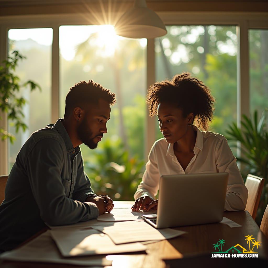 A thoughtful couple, mid-30s, sit at a table in a bright, modern Jamaican home, reviewing mortgage documents and a laptop. Sunlight streams through large windows, revealing lush tropical greenery. They wear casual, professional attire, expressions focused and contemplative. Subtle Jamaican decor or a small flag grounds the scene. Warm, hopeful, cinematic lighting enhances their partnership and financial planning. Shot on v-raptor XL with 35mm film grain, atmospheric color grading, post-processing, and a vignette, best quality masterpiece.