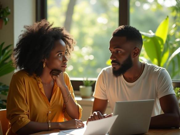 A thoughtful couple, mid-30s, sit at a table in a bright, modern Jamaican home, reviewing mortgage documents and a laptop. Sunlight streams through large windows, revealing lush tropical greenery. They wear casual, professional attire, expressions focused and contemplative. Subtle Jamaican decor or a small flag grounds the scene. Warm, hopeful, cinematic lighting enhances their partnership and financial planning. Shot on v-raptor XL with 35mm film grain, atmospheric color grading, post-processing, and a vignette, best quality masterpiece.