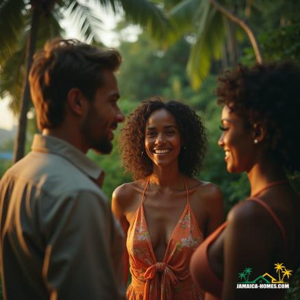 Quiet Exchange Late light settles through palms, softening faces and slowing the moment between them. The figures stand close, unposed, held together by shade, skin tones, and the easy rhythm of shared presence. There is no centre, only balance, with the landscape absorbing the conversation as much as it frames it. The scene reads as informal, yet deliberate, shaped by climate and closeness rather than design. Year: 2025 Author: Jamaica Homes Type: Cultural Scene Key Visual Elements: filtered sunlight · palm canopy · human grouping · warm colour tones · shallow depth Category: Everyday Jamaica Location: Portland, Jamaica Nothing is staged, yet everything aligns. Conceptual visual interpretation © Jamaica Homes 2025 jamaica-homes.com · All rights reserved #JamaicaHomes #EverydayJamaica #CulturalScene #EditorialImage #JamaicanLandscape #HumanScale #TropicalLight #CaribbeanContext #VisualDiscipline #ContemporaryJamaicaIs this conversation helpful so far?