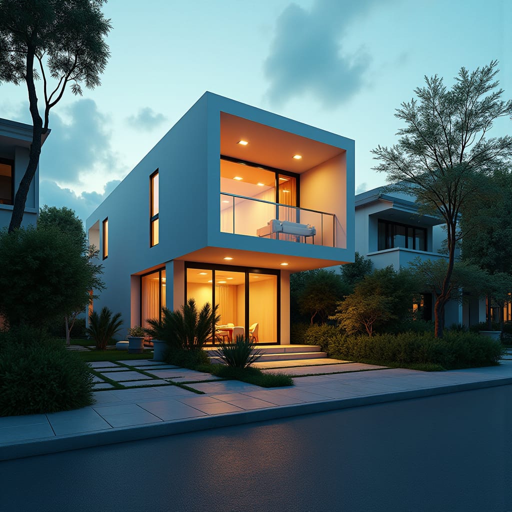 A sleek, modern prefab Kit Home in the heart of Kingston, Jamaica city, stands amidst a vibrant, urban backdrop, as if plucked from a cinematic dreamscape.