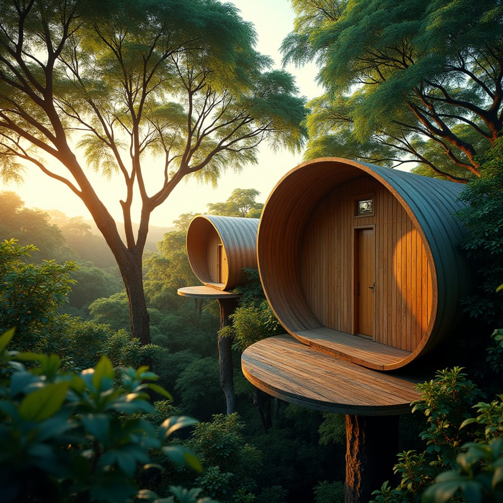 In the lush, vibrant heart of Kingston, Jamaica, a cluster of sleek, modern treehouse prefabs blend seamlessly into the tropical canopy, their curved lines and sustainable architecture evoking a sense of harmony with nature. Warm, golden light, reminiscent of a Caribbean sunset, filters through the leafy foliage, casting dappled shadows on the prefabs' weathered wood exteriors. As the camera pans across the scene, the atmosphere is alive with the sounds of the city, distant reggae rhythms and the sweet scent of blooming flowers carried on the breeze.