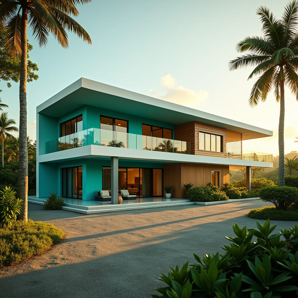 Modern kit home assembled by a small team in Mobay, Jamaica city, under warm, golden Caribbean light, with vibrant turquoise accents and lush greenery surrounding the structure.