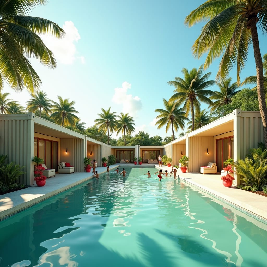 Modern mini shipping container prefab housing scheme in Jamaica, featuring sleek, minimalist container homes arranged around a central swimming pool. Children are playing joyfully in the pool, while the tropical surroundings, including lush greenery and clear blue skies, create a vibrant, relaxed atmosphere. The homes blend contemporary design with island living, offering a fun and inviting community scene.