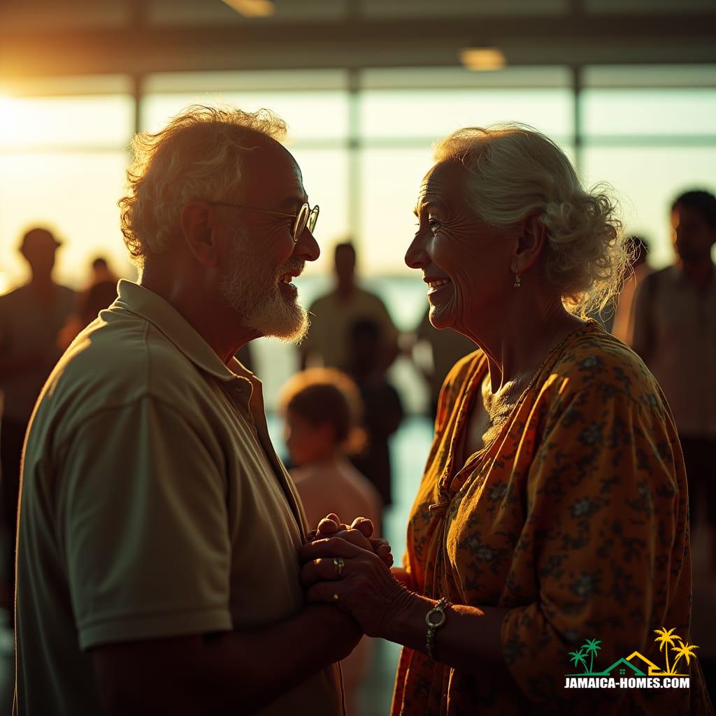 Aged Jamaican couple, wrinkled hands clasped together, warm smiles on weathered faces, standing at airport gate, bathed in golden, cinematic light, surrounded by blurred travelers, as they gaze out at the island landscape, returning home after decades away, captured in a live-action, 35mm film still, with pronounced film grain, subtle vignette, and masterful color grading, evoking a sense of nostalgia and longing, reminiscent of the works of Roger Deakins